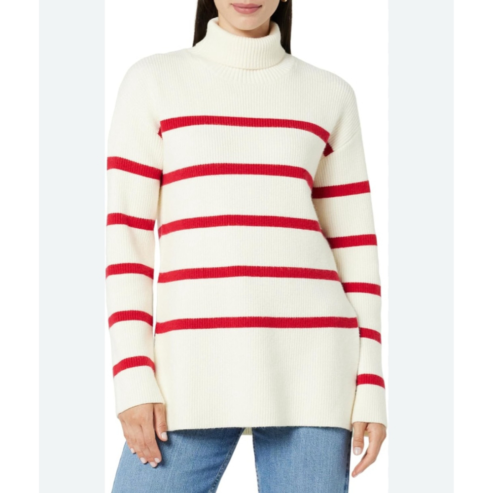 The Drop Turtleneck Long Sweater Size Small White Red Striped